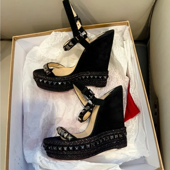 Christian Louboutin Black Studded Espadrille Wedge Sandals - Picture 4 of 7